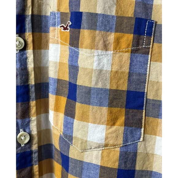 Hollister Shirt Long Sleeve Button Down Collar Blue Plaid Stretch Men Medium - Picture 4 of 5